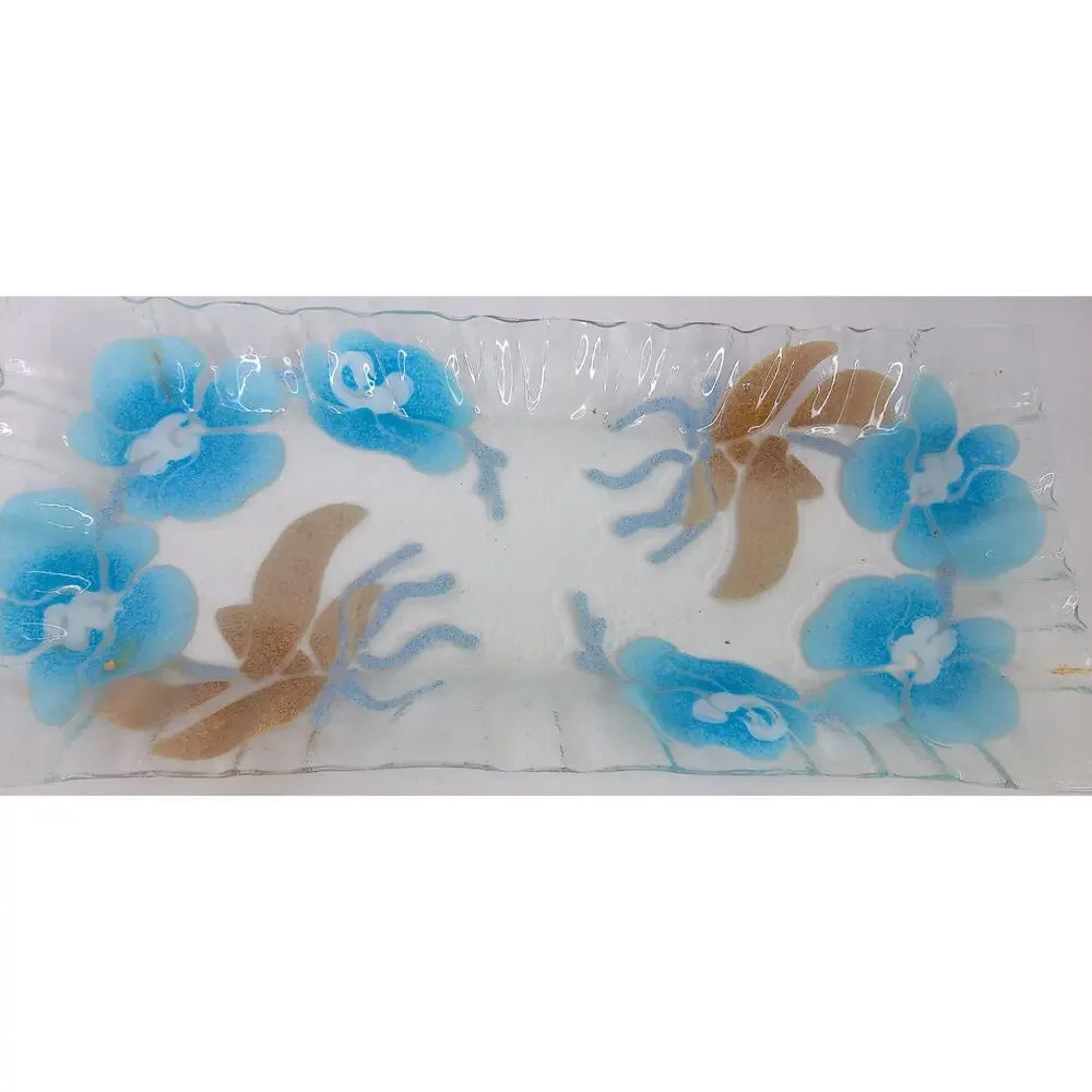 Vtg SYD Sydenstricker Blue Brown Floral Rectangular Ruffled Fused Glass Tray